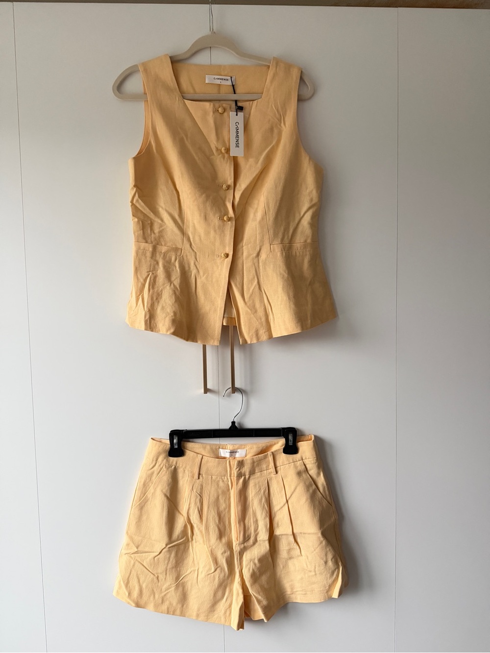 Commense Pale Yellow Linen Blend Sleeveless Top & Shorts Set